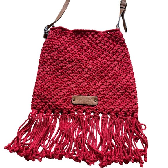 Lucky Brand Handbags - Lucky Brand NEW Hibiscus Red Tessa Macrame Fringe Leather Strap Crossbody Bag
